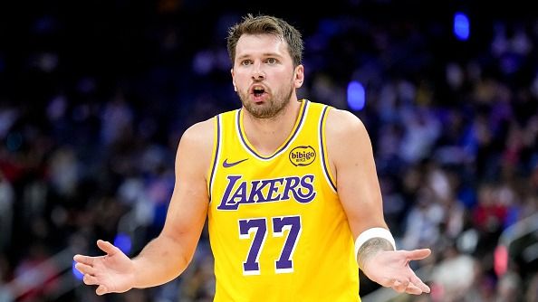 Luka Doncic #77 of the Los Angeles Lakers reacts to a call against the Detroit Pistons during the third quarter at Little Caesars Arena on March 23, 2026 in Detroit, Michigan.