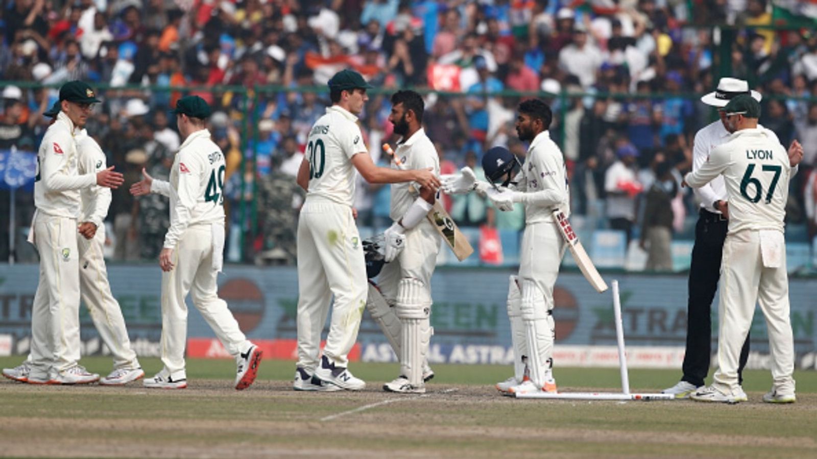 Only 2 of previous Border-Gavaskar Trophy venues retained as BCCI announces schedule KS Bharat and Cheteshwar Pujara of India shake hands with Australian players after the victory during day three of the second Test in the series at Arun Jaitley Stadium on February 19, 2023 in Delhi, India.