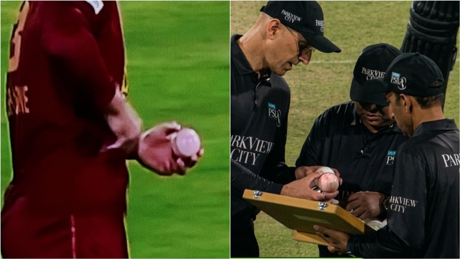 'Never seen anything like this before': Labuschagne left shocked as ball turns pink due to clothing in PSL 2026 opener Umpires looking at the ball that has turned pink from Hyderabad Kingsmen's clothing in PSL 2026 opener.