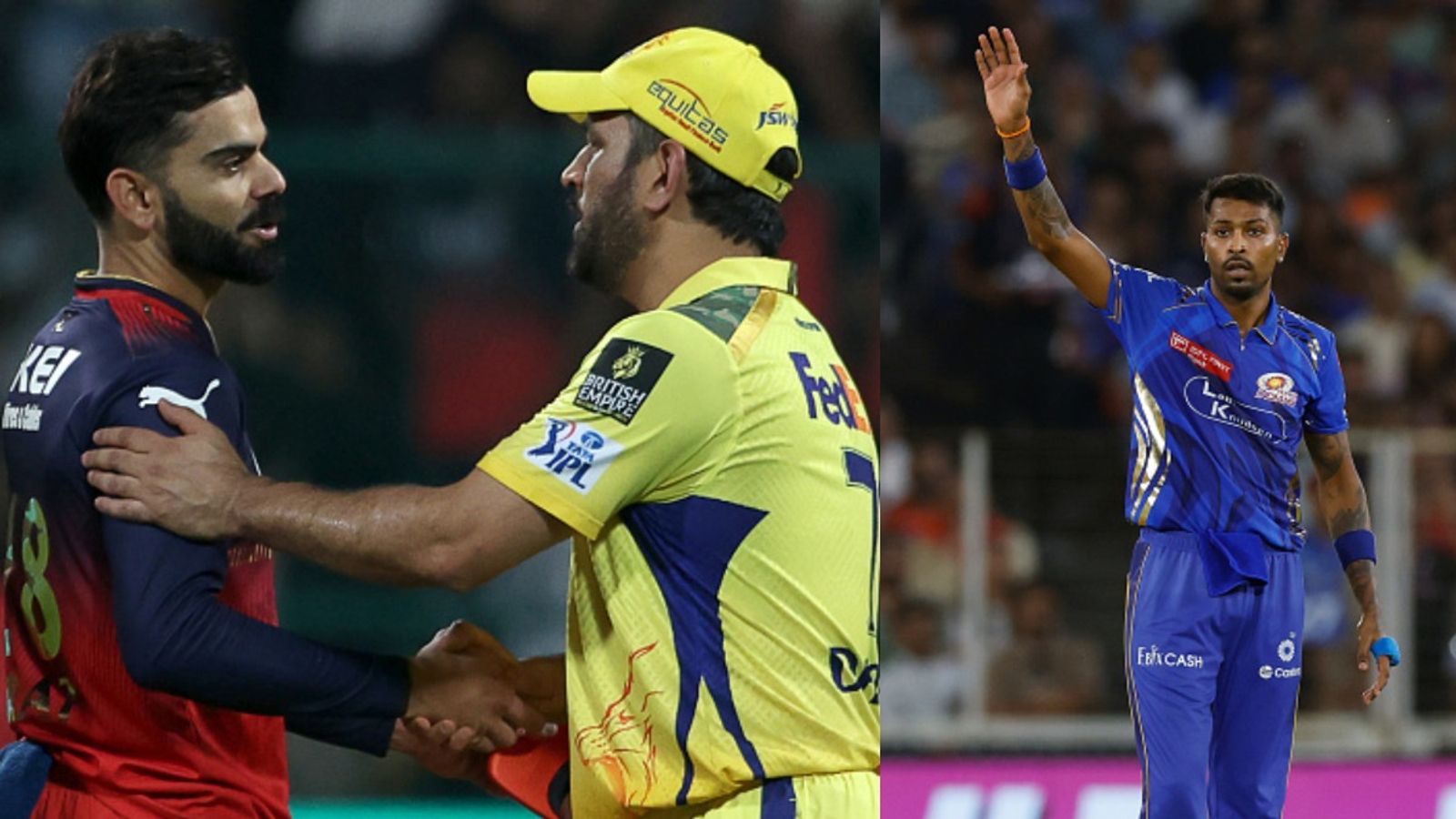 DECODED: Why CSK meet RCB twice in IPL 2026 league stage but not Mumbai Indians L-R: RCB's Virat Kohli, CSK's MS Dhoni and MI's Hardik Pandya in frame. (Getty)