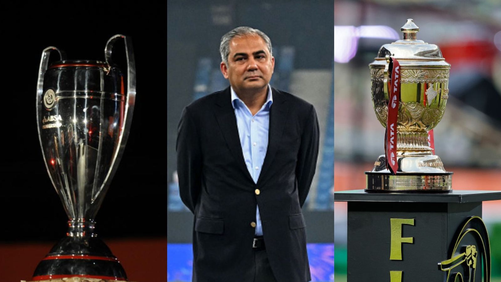 Fresh embarrassment for PSL as IPL 2026 lures away veteran commentator PSL trophy (L), PCB chief Mohsin Naqvi (R) and IPL trophy in this frame. (Getty)