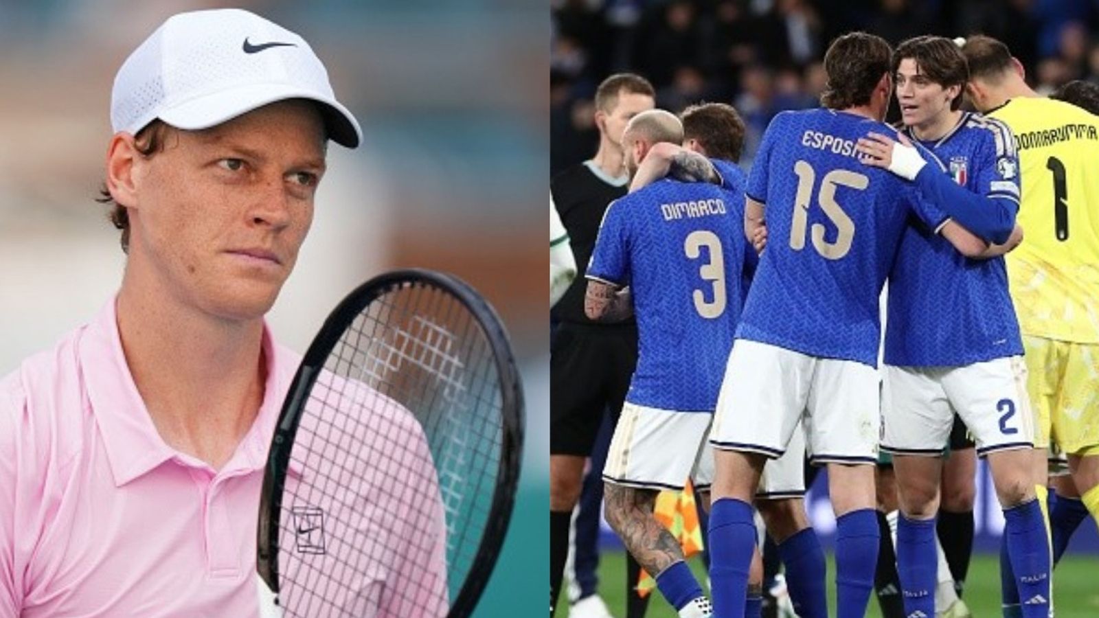 Watch: Jannik Sinner asks reporters to wrap up quickly in hurry to watch Italy's World Cup playoff Jannik Sinner, Italian Football Team in the frame (Images via Getty)