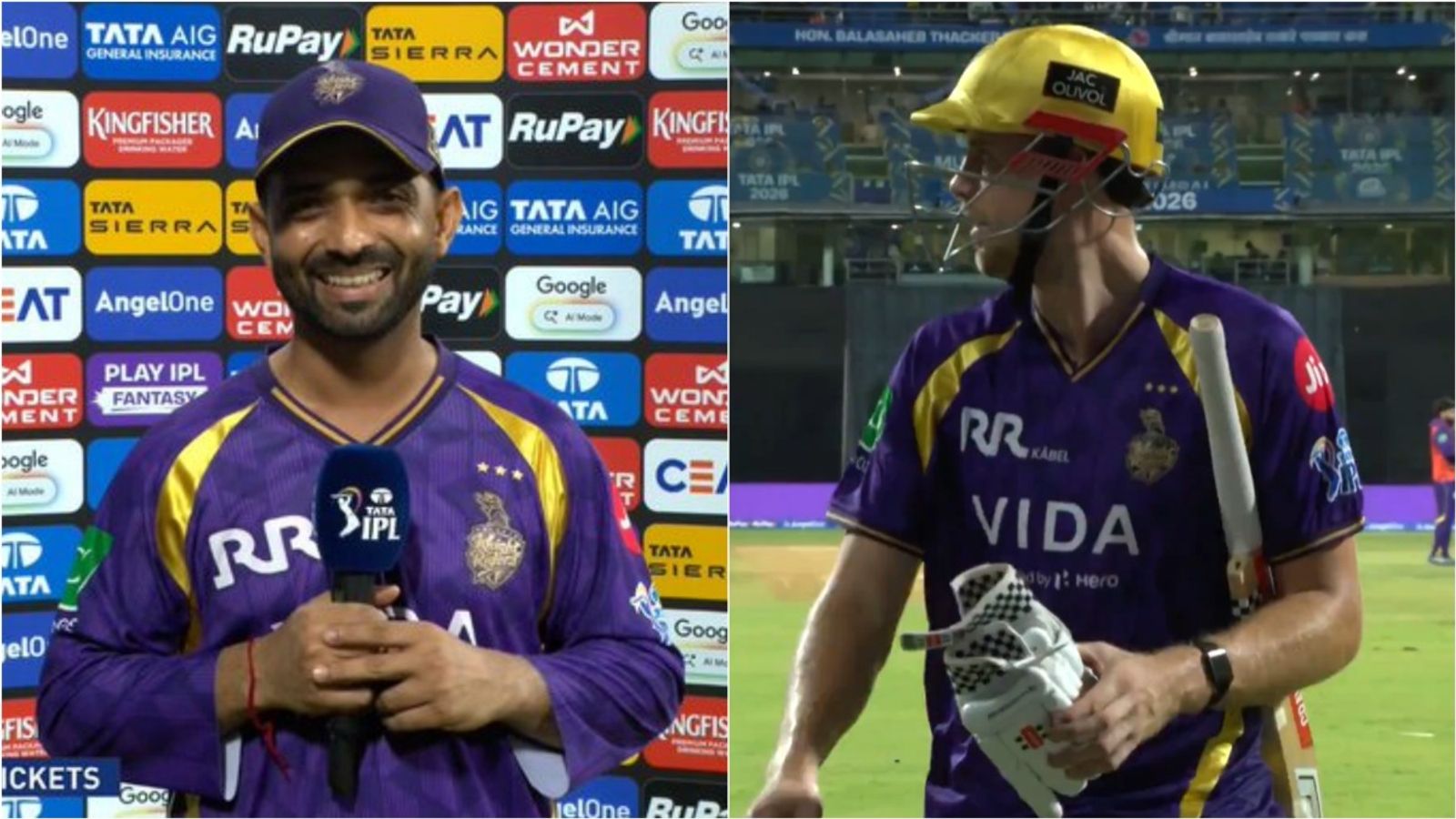 'Fully aware of this...': Cricket Australia's strong retort to Rahane's KKR over Cameron Green not bowling Kolkata Knight Riders captain Ajinkya Rahane during the post-match presentation; KKR all-rounder Cameron Green after losing his wicket to Mumbai Indians' Shardul Thakur in IPL 2026 clash.