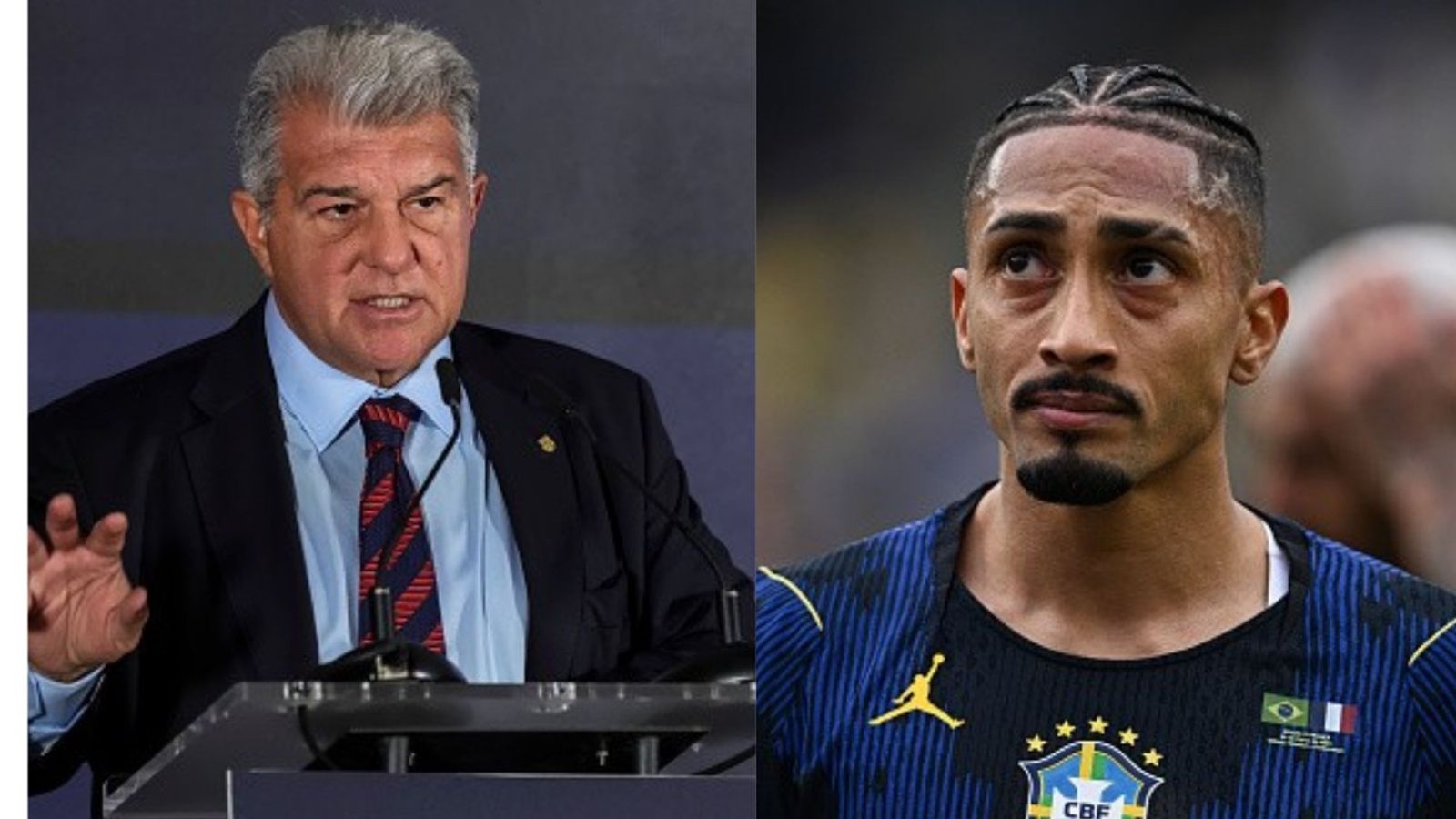 FC Barcelona president Joan Laporta slams FIFA for Raphinha injury ahead of crucial UCL clash Joan Laporta, Raphinha in the frame (Images via Getty)