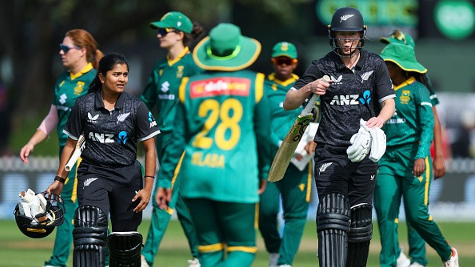 New Zealand clinch ODI series vs South Africa, go top of ICC Women’s Championship Nensi Patel (L) and Maddy Green of New Zealand leave the field at the end of the innings during game three in the Women's One Day International series between New Zealand and South Africa (Getty)