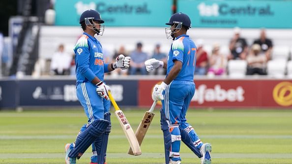 Vaibhav Suryavanshi of India U19 (l) touches gloves with Ayush Mhatre during the England U19 and India U19 Youth One Day Match on June 27, 2025 in Hove, England. (Getty) Vaibhav Suryavanshi of India U19 (l) touches gloves with Ayush Mhatre during the England U19 and India U19 Youth One Day Match on June 27, 2025 in Hove, England. (Getty)
