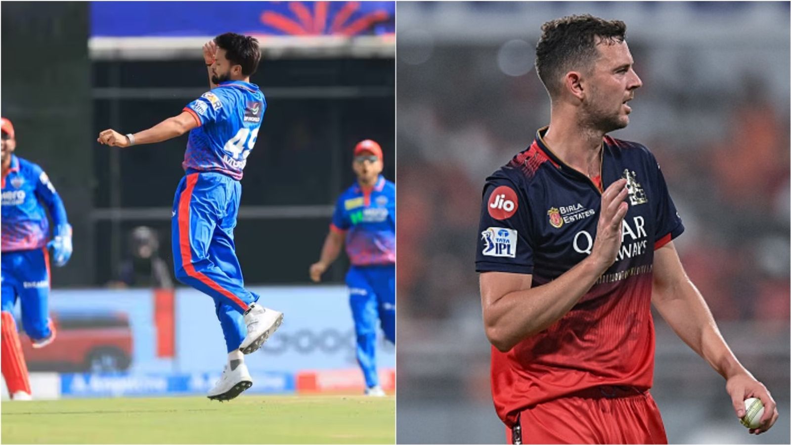 Why Mukesh was picked over Nabi? DC pacer explains Hazlewood's Test lengths as secret sauce Delhi Capitals' Mukesh Kumar celebrates a wicket against Mumbai Indians in IPL 2026 (Source: BCCI); RCB's Josh Hazlewood in action during IPL 2025.
