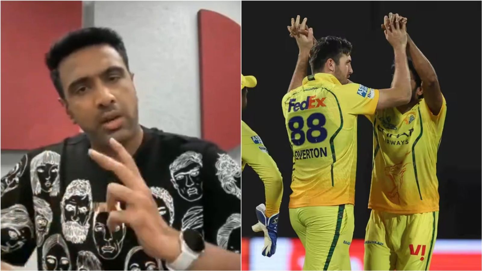 ‘To plan vs CSK, just watch SA20’: Ashwin goes on a rant for think tank making Kamboj-Overton bowl wide yorkers round the wicket R Ashwin speaks on his YouTube channel; CSK's Jamie Overton celebrates a wicket with his teammate against RCB in IPL 2026 (Source: BCCI).