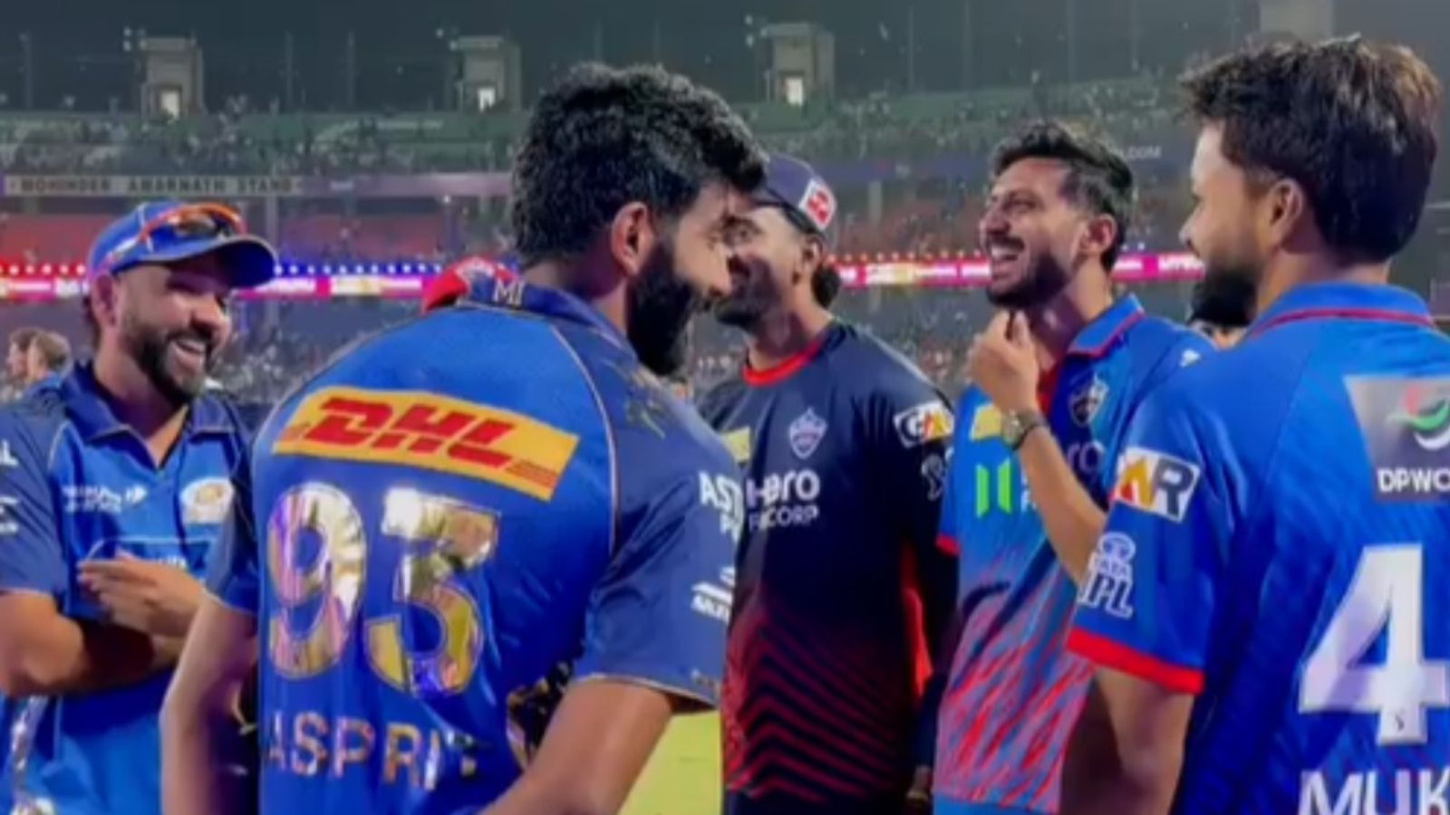 'Well done, Mukesh McGrath': Jasprit Bumrah leaves Rohit Sharma in splits while praising DC pacer Mumbai Indians' Rohit Sharma laughs as Jasprit Bumrah pokes fun at Delhi Capitals Mukesh Kumar in captain Axar Patel and KL Rahul, KL Rahul's presence.