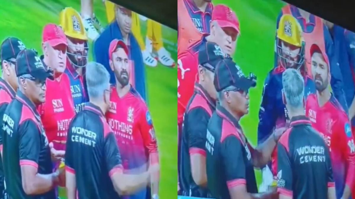 Dinesh Karthik, Rajat Patidar with umpires during RCB vs CSK clash (X Screengrab)