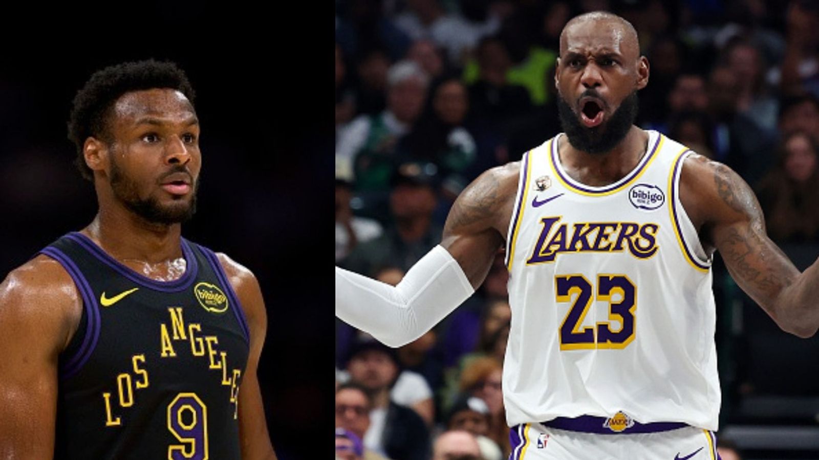 Watch: LeBron James scolds son Bronny mid-game over missed pass in Lakers' loss to Mavericks LeBron James, Bronny James in the frame (Images via Getty)