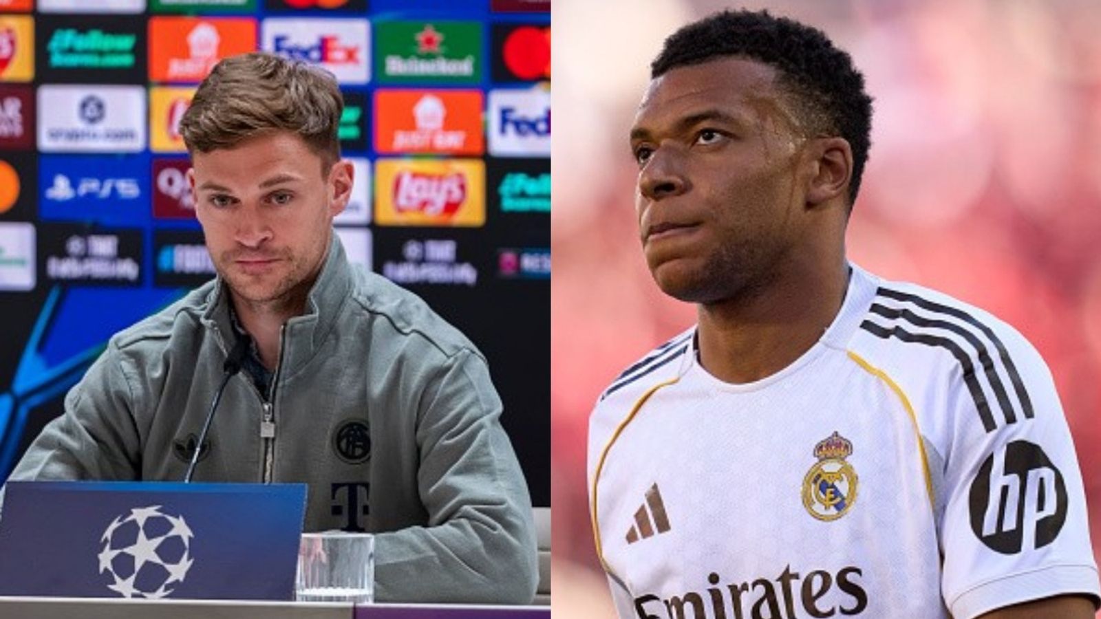Bayern Munich's Joshua Kimmich speaks on referee concerns ahead of Champions League clash with Real Madrid Joshua Kimmich, Kylian Mbappe in the frame (Images via Getty)