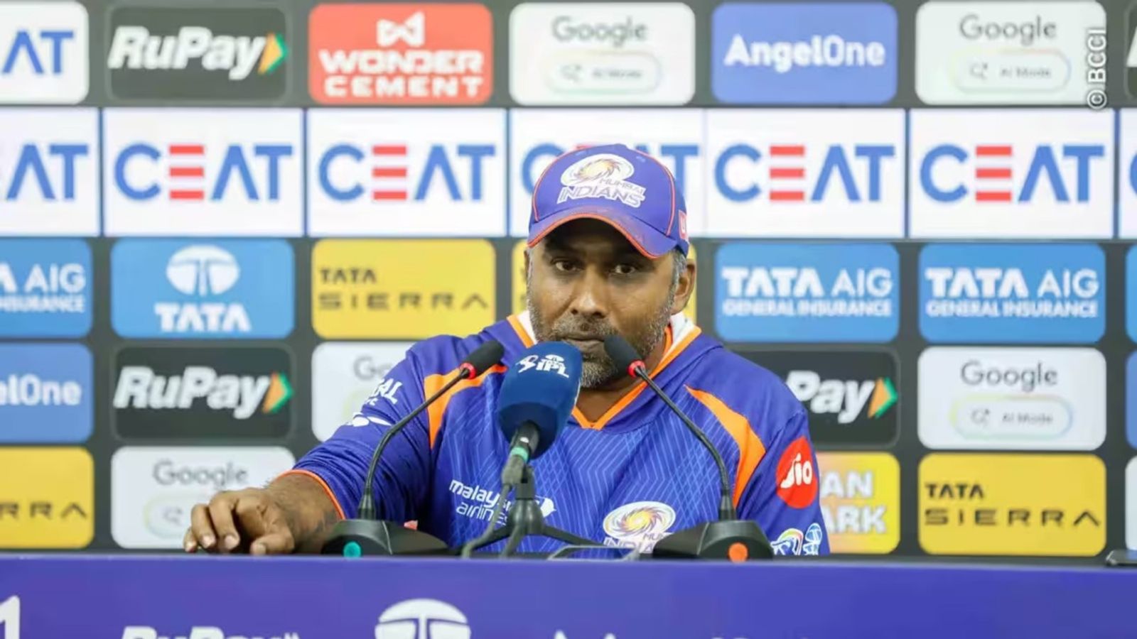 Why Mitchell Santner didn't play against Rajasthan Royals? Mumbai Indians head coach reveals Mumbai Indians head coach Mahela Jayawardene speaks at a press conference in Guwahati's Barsapara Cricket Stadium.