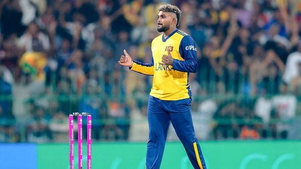 Wanindu Hasaranga of Sri Lanka celebrates after dismissing Curtis Campher of Ireland during the ICC Men's T20 World Cup group stage match between Sri Lanka and Ireland at R.Premadasa Stadium in Colombo, Sri Lanka.