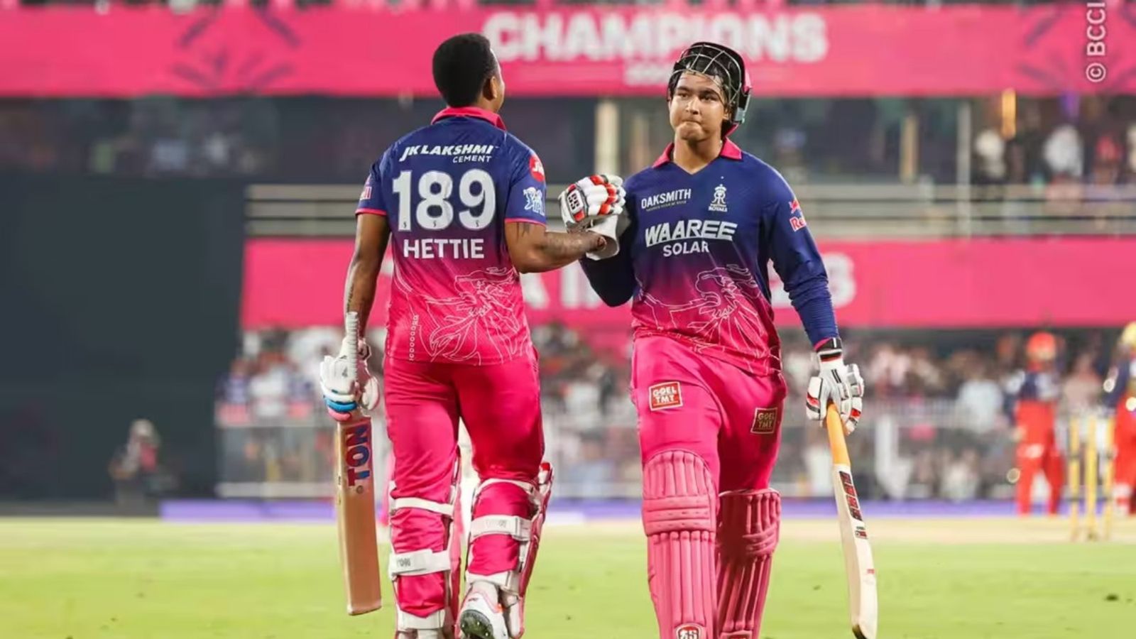 After Sooryavanshi thrashes Hazlewood-Bhuvneshwar, IPL chairman sends message to Agarkar for 15-year-old's India debut Rajasthan Royals opener Vaibhav Sooryavanshi greets teammate Shimron Hetmyer after losing his wicket for a 26-ball 78 against Royal Challengers Bengaluru in IPL 2026 clash. (Source: BCCI)