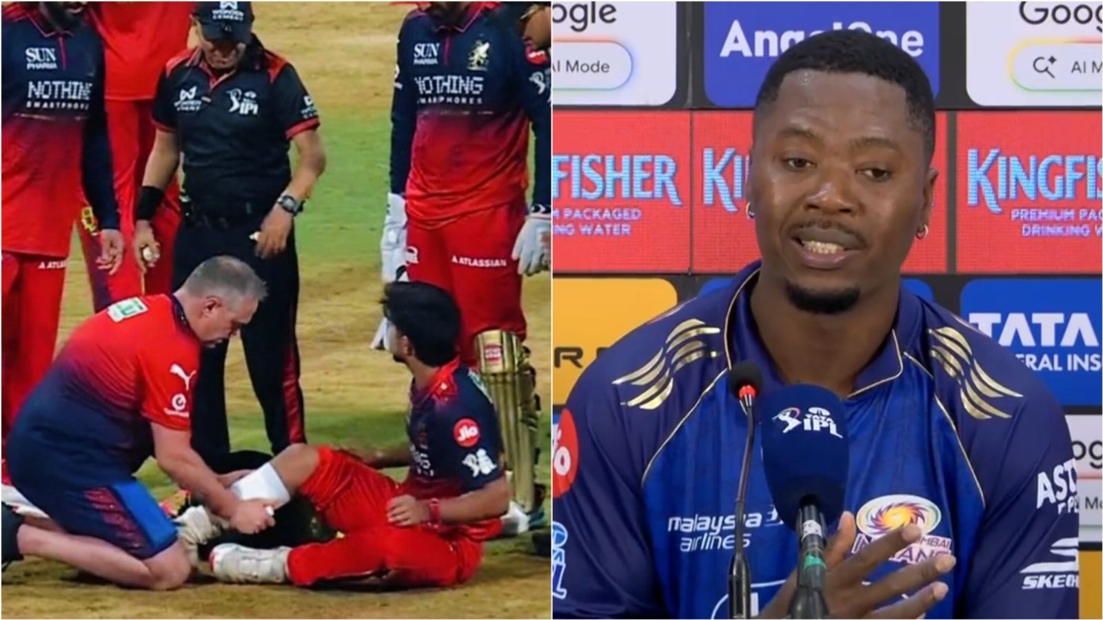 'Every time Rasikh bowled, he would take 5 minutes': MI's Rutherford slams RCB pacer for halting momentum RCB's Rasikh Dar receives medical attention on the field; MI's Sherfane Rutherford speaks during the post-match press conference.