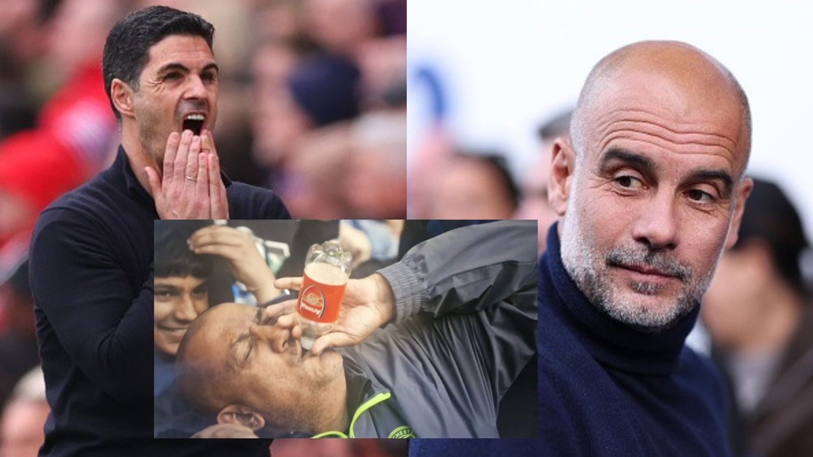 Man City fan explains viral 'Arsenal Bottle' stunt at Stamford Bridge Mikel Areta, Pep Guardiola (Image via Getty) and Man City viral fan (Image via social media)