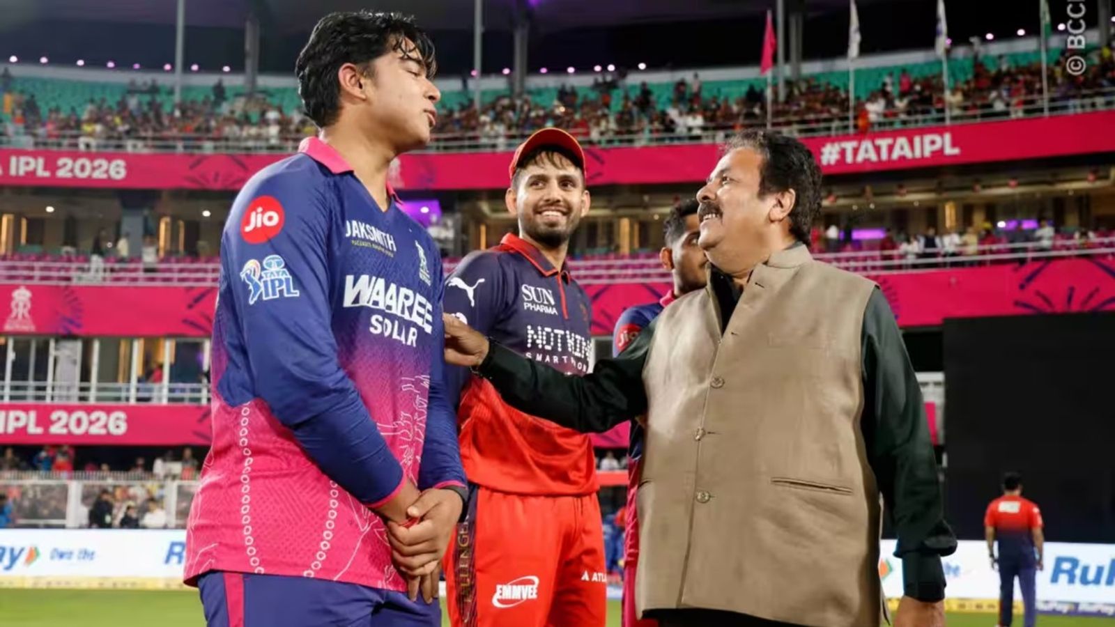 Vaibhav Sooryavanshi likely to become youngest Indian to make international debut on this tour: Report Rajasthan Royals opener Vaibhav Sooryavanshi talks with BCCI vice-president Rajiv Shukla while RCB vice-captain Jitesh Sharma looks on. (Source: BCCI)