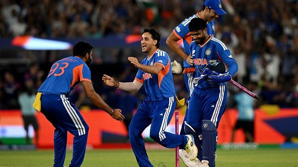 L-R: India's Jasprit Bumrah, Abhishek Sharma, Sanju Samson and Shivam Dube in this frame. (Getty) L-R: India's Jasprit Bumrah, Abhishek Sharma, Sanju Samson and Shivam Dube in this frame. (Getty)