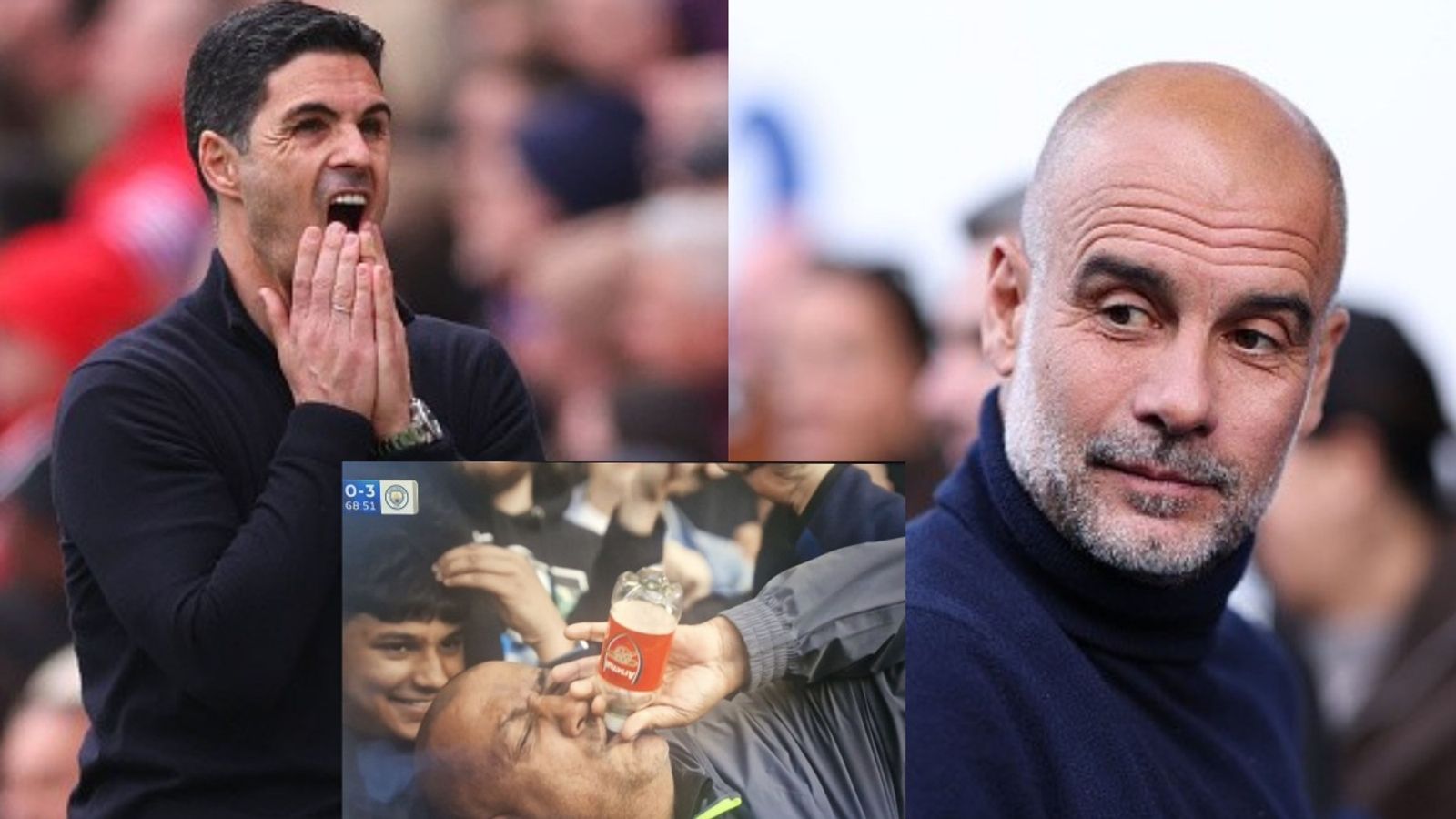 Mikel Arteta dismisses viral video of Man City fan drinking from Arsenal bottle as title race heats up Mikel Areta, Pep Guardiola (Image via Getty) and Man City viral fan (Image via social media)