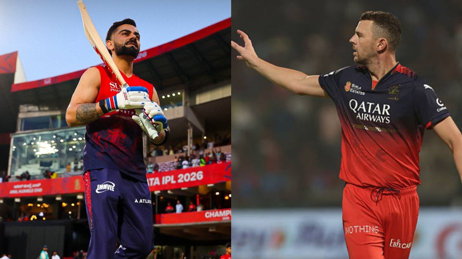Will Virat Kohli feature as Impact Player in RCB vs DC clash? Josh Hazlewood reveals RCB's Virat Kohli (L) and Josh Hazlewood in this frame. (X)