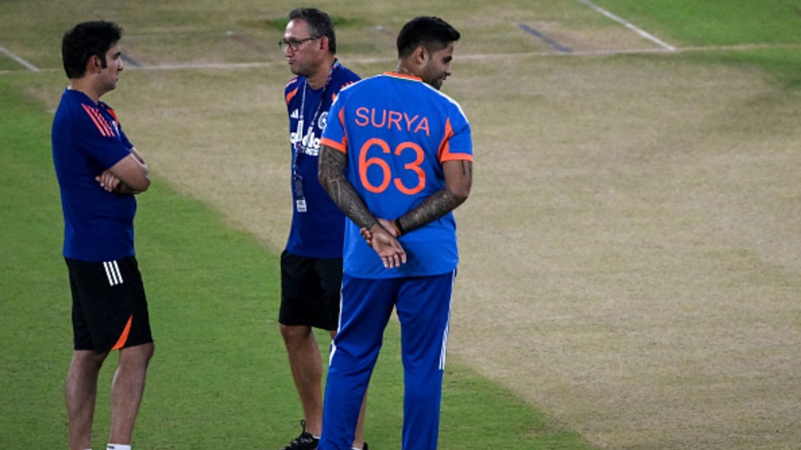 BCCI set to reward Ajit Agarkar for 3 ICC tournament wins with one-year contract extension: Report India's captain Suryakumar Yadav (R) looks at the pitch as he interacts with head coach Gautam Gambhir (L) and chairman of the selection committee Ajit Agarkar during the training session on the eve of the 2026 ICC Men's T20 World Cup final.