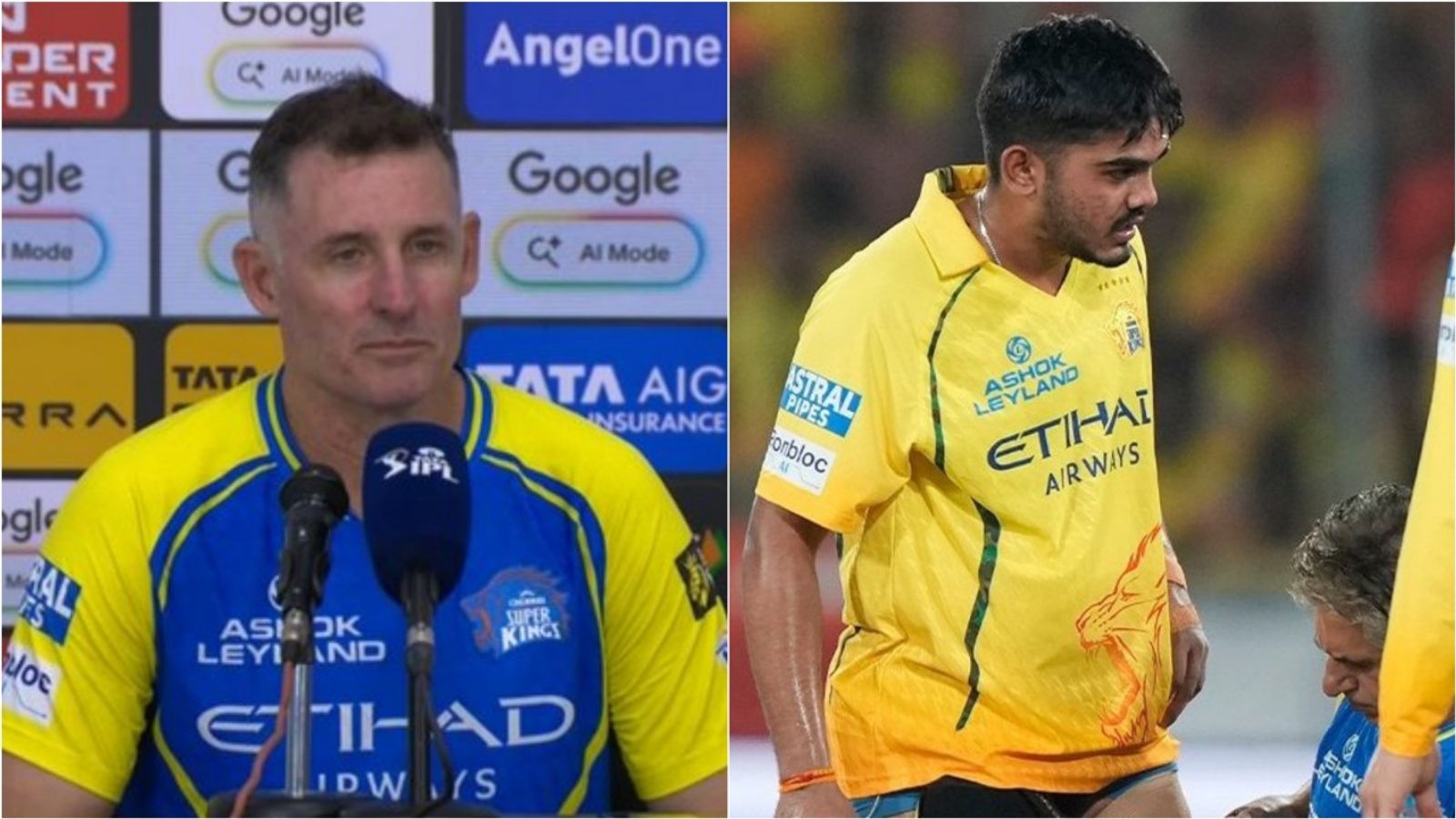Big blow to CSK as coach Hussey confirms Mhatre's hamstring injury, set to be replaced by ‘exciting new player’ CSK batting coach Mike Hussey speaks at the post-match press conference; CSK batter Ayush Mhatre gets medical treatment on field during run chase vs SRH.