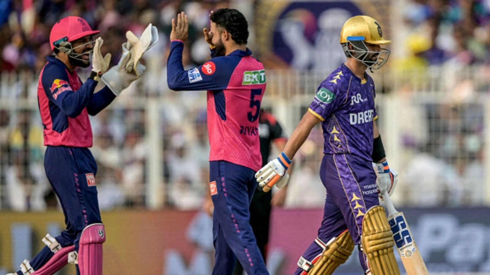 KKR vs RR Live Streaming, Match Details, Playing XI, Head-to-Head in IPL & Weather Report Rajasthan Royals' captain Riyan Parag (C) celebrates with wicketkeeper Dhruv Jurel (L) after taking the wicket of Kolkata Knight Riders' captain Ajinkya Rahane (R) during the IPL match at the Eden Gardens in Kolkata on May 4, 2025.