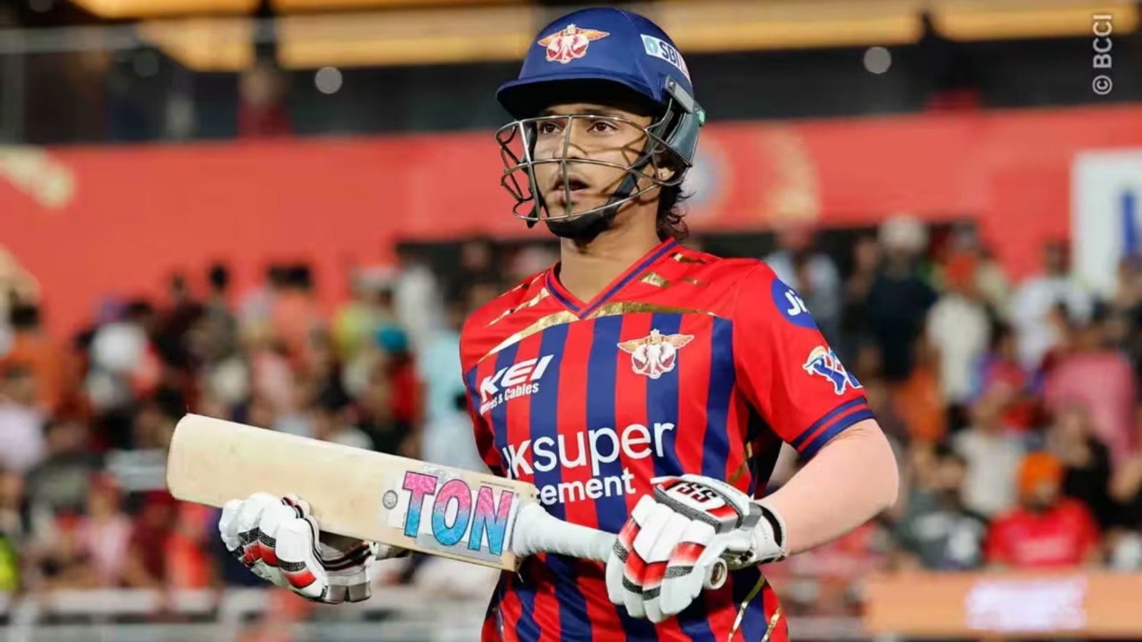 Why Ayush Badoni was sent to open instead of Aiden Markram in run chase of 255? Rishabh Pant explains LSG's Ayush Badoni walks out to bat in the run chase against PBKS on April 19. (Source: BCCI)