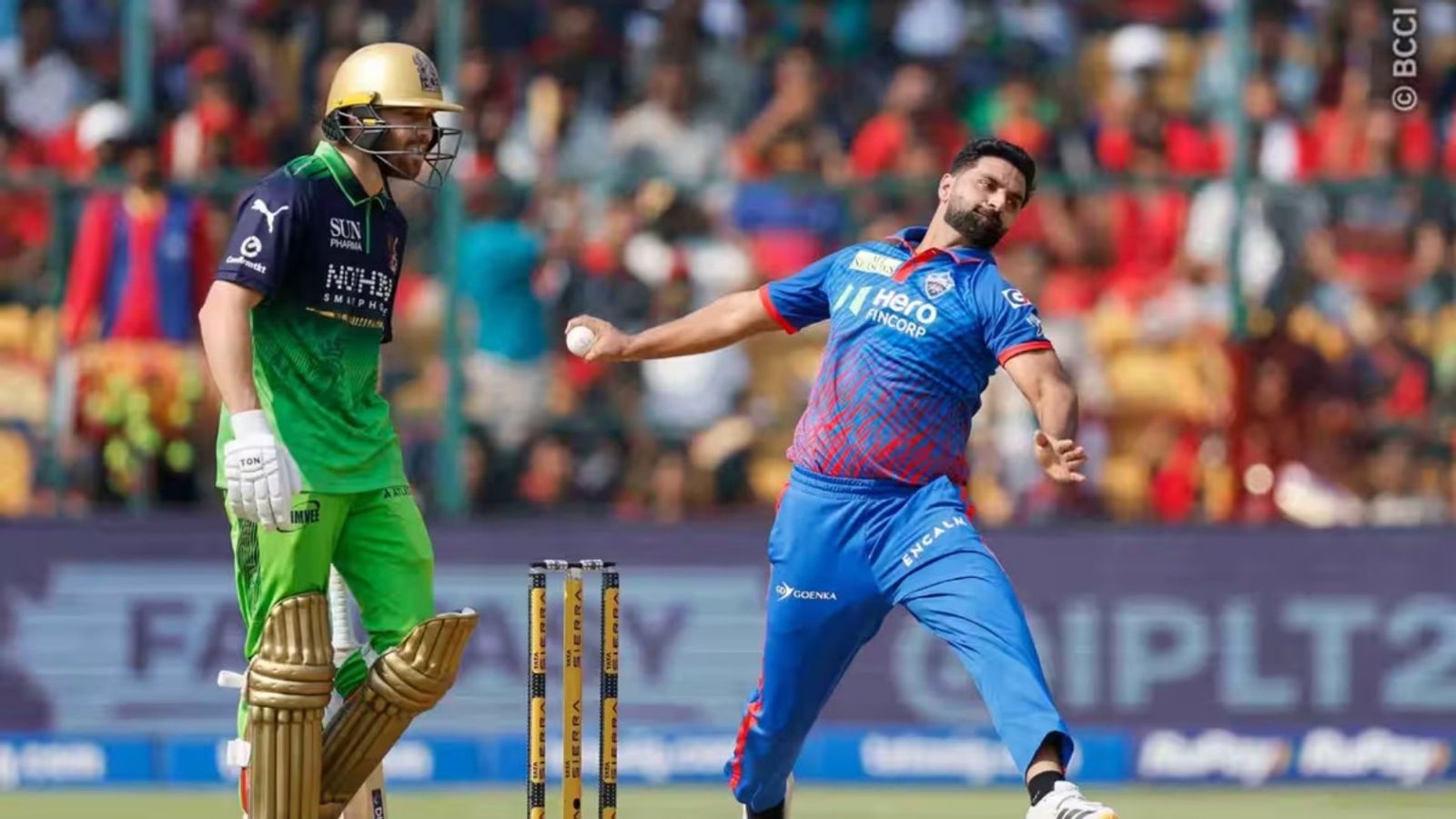 Auqib Nabi, SRH's left arm-spinner, GT's benched players on radar to make Test debut vs Afghanistan: Report Delhi Capitals (DC) Auqib Nabi bowls to Virat Kohli (not picture) while Phil Salt watches at the non-striker's end during IPL 2026 clash. (Source: BCCI)