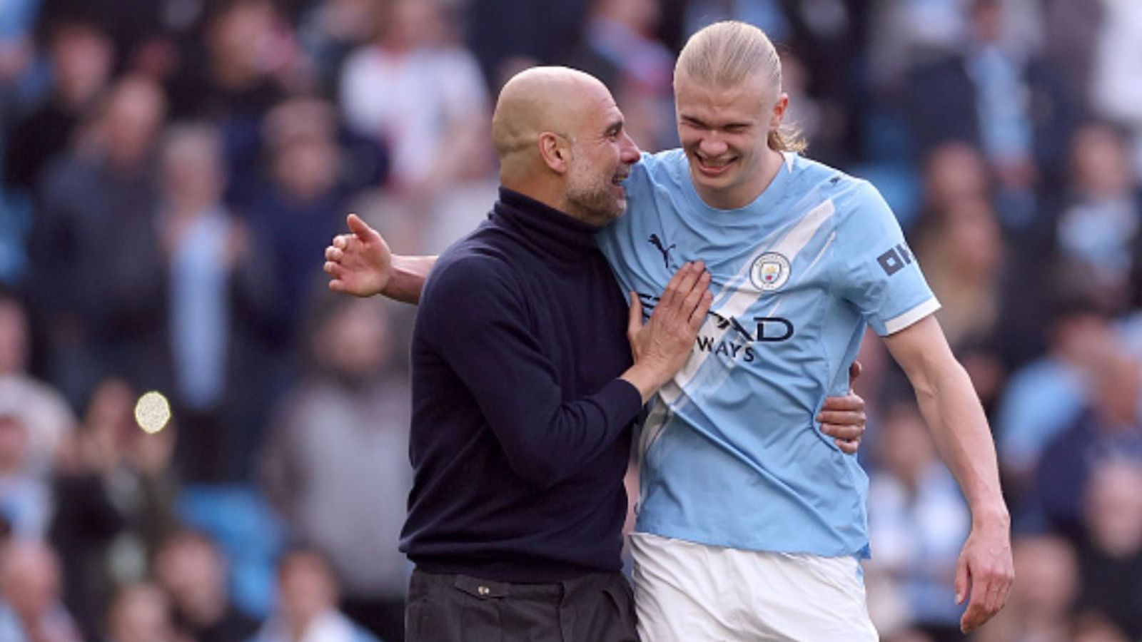 Erling Haaland reacts as Man City climbs to Premier League top overtaking Arsenal after Burnley victory Pep Guardiola, Erling Haaland in the frame (Image via Getty)