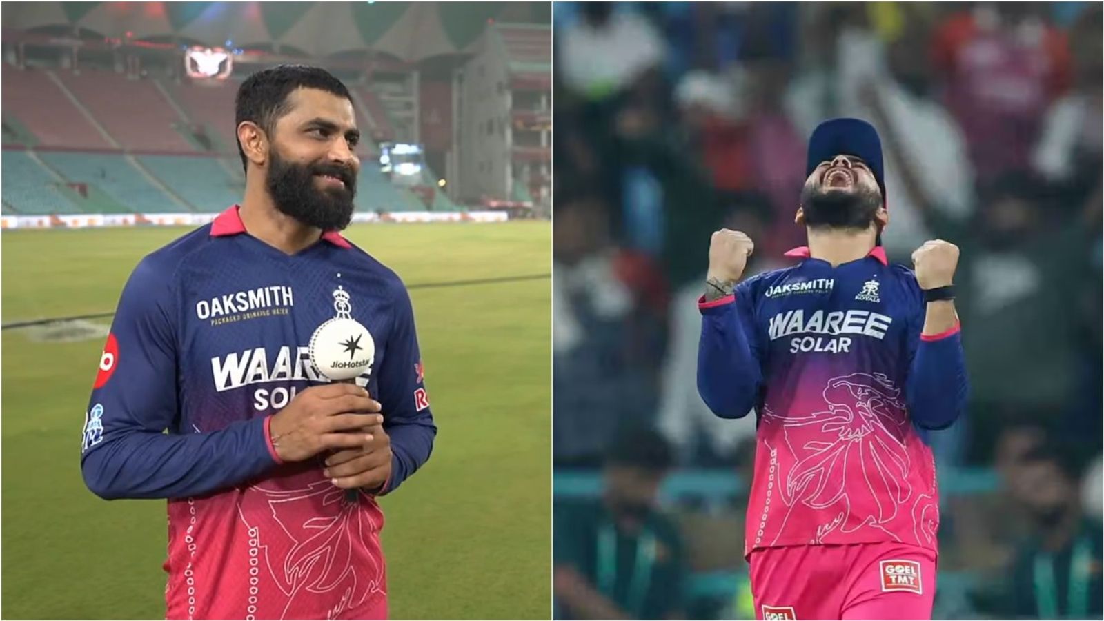 'I leave my ego in hotel room': Ravindra Jadeja breaks silence on Riyan Parag not letting him bowl 4 overs Rajasthan Royals; Ravindra Jadeja during a post-match conversation; RR skipper Riyan Parag celebrates a wicket against LSG.