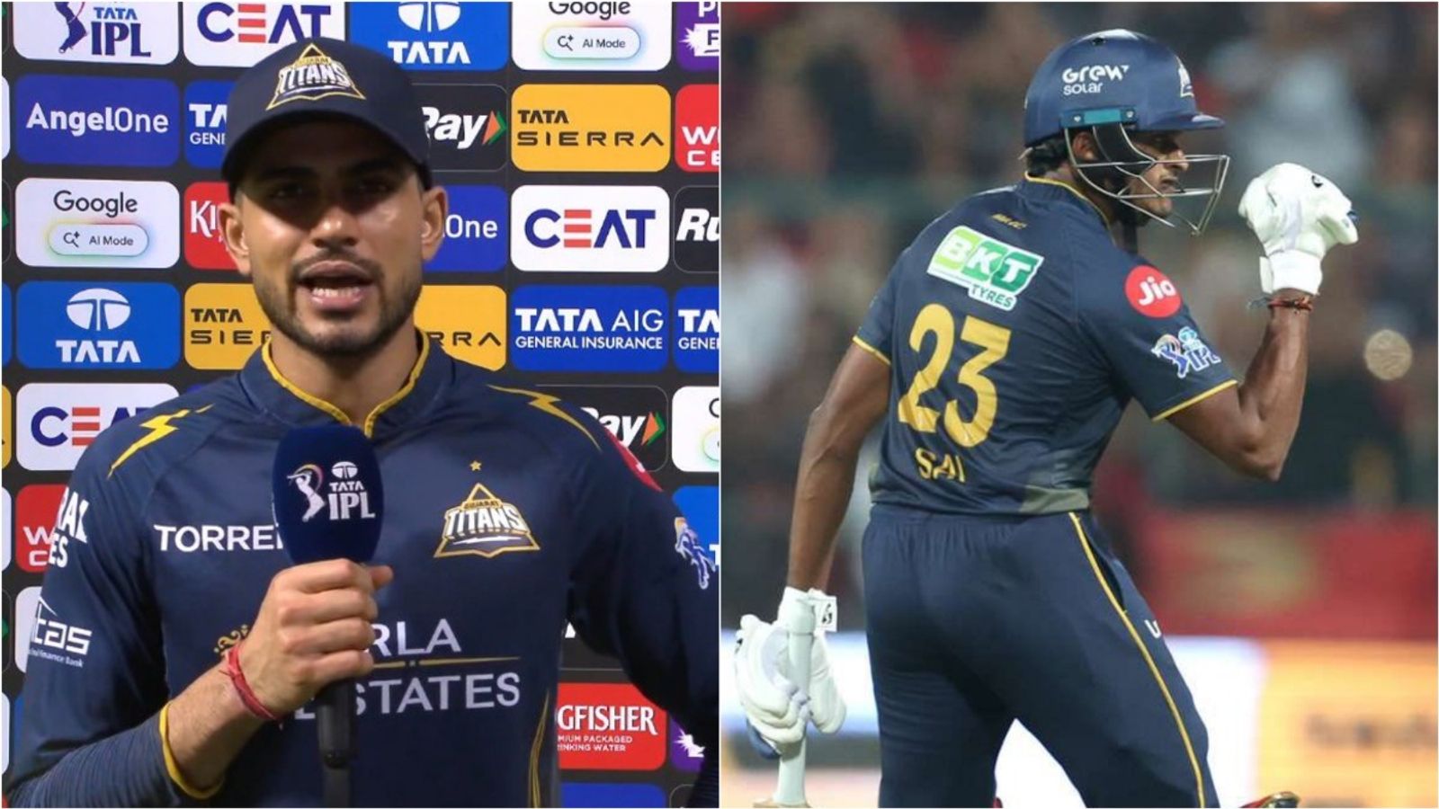 'Hopefully, he gives me little more strike in powerplay': Gill's plea to centurion Sudharsan after RCB loss Gujarat Titans captain Shubman Gill speaks during the post-match presentation; GT opener Sai Sudharsan celebrates his ton against RCB.