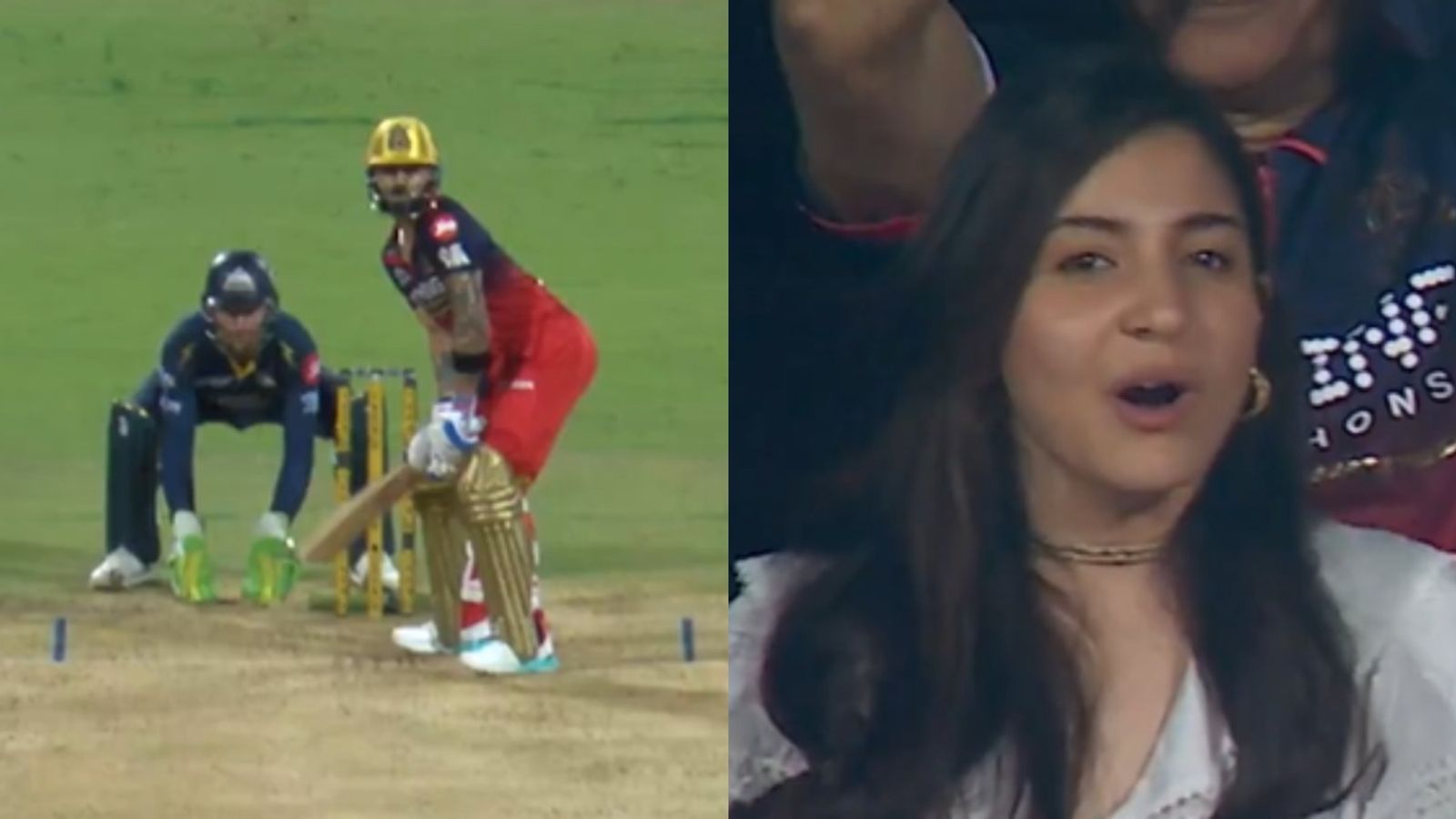 WATCH: Anushka Sharma's hilarious reaction on Virat Kohli's six off Rashid Khan in win vs GT Virat Kohli and Anushka Sharma in this frame. (Screengrab)