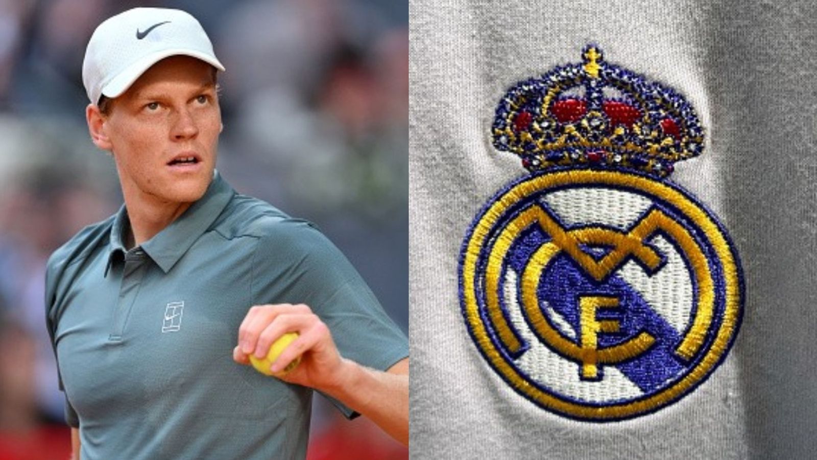 Jannik Sinner reacts to Real Madrid's Bernabeu stadium transformation into tennis court for Madrid Open Jannik Sinner, Real Madrid logo in the frame (Images via Getty)