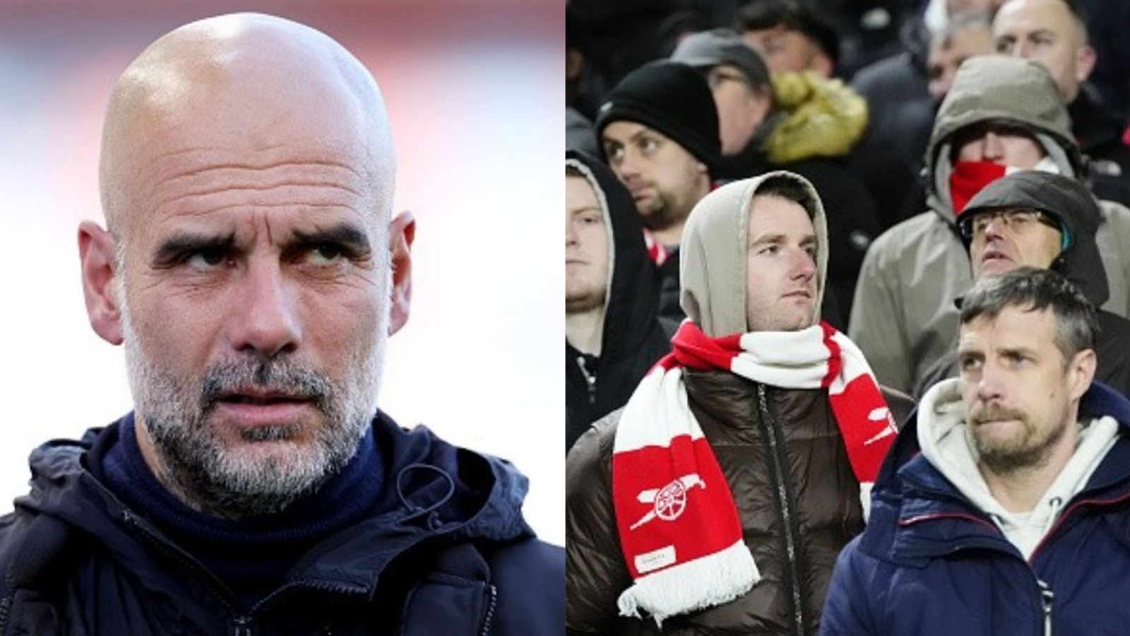 Watch: Arsenal fans blame Man City boss Pep Guardiola at Wembley as Premier League title hopes fade: ‘You've ruined my life!’ Pep Guardiola, Arsenal fans in the frame (Images via Getty)