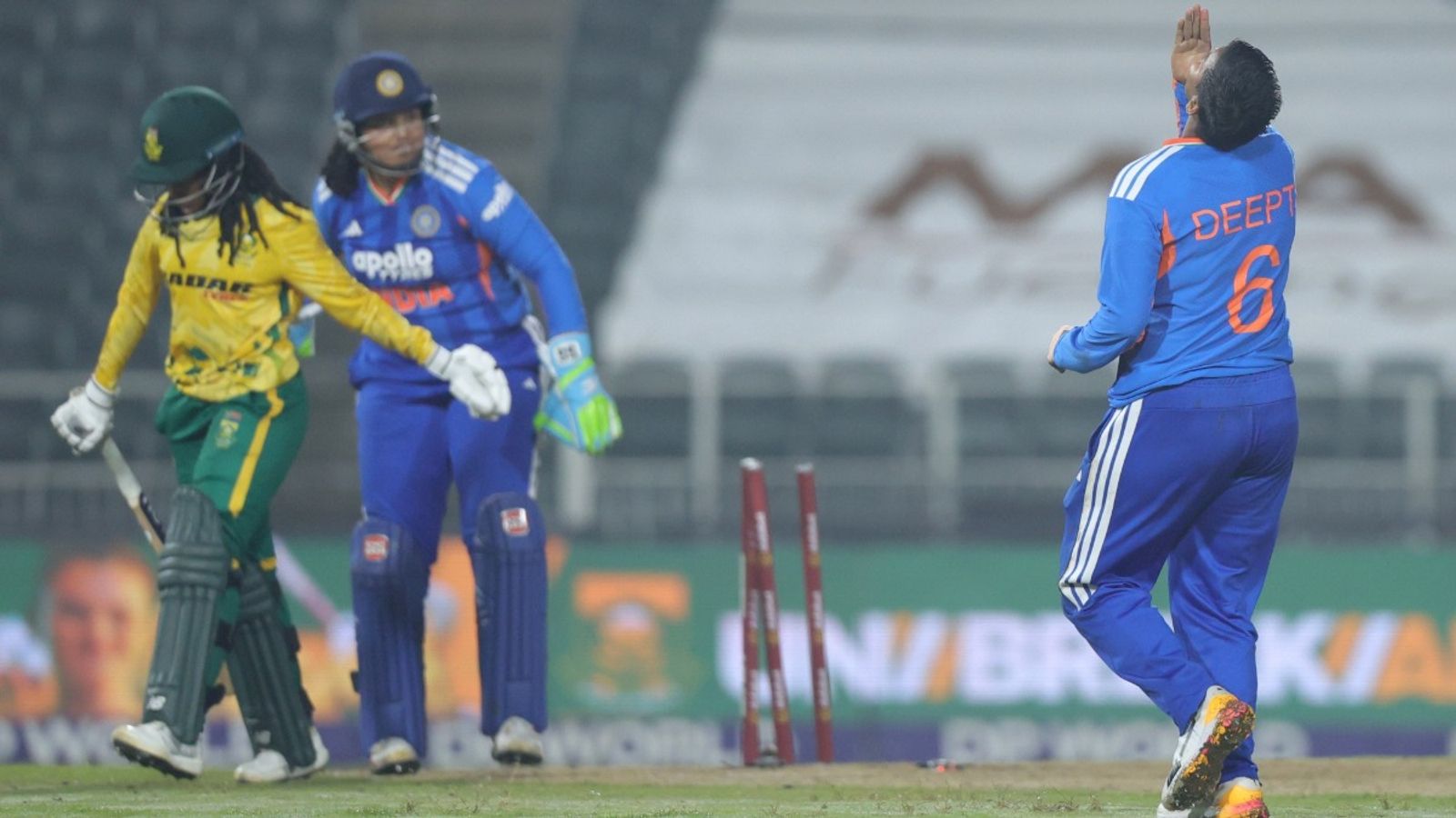 Deepti Sharma's record-breaking fifer leads India to 14-run win over South Africa after hat-trick of defeats India's Deepti Sharma celebrates a wicket against South Africa in the fourth T20I of the series on April 25.
