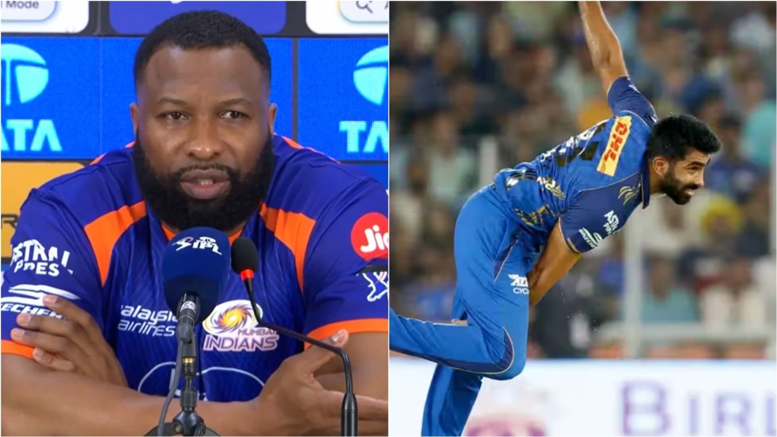 'Jasprit Bumrah entitled to not have a good season': MI batting coach Kieron Pollard after star pacer concedes 54 runs vs SRH Mumbai Indians batting coach Kieron Pollard speaks at a post-match press conference; Jasprit Bumrah in action.