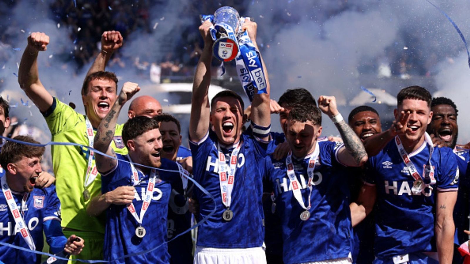 Watch: Ipswich Town fans erupt in iconic celebration as promotion to Premier League confirmed Ipswich Town players in the frame (Image via Getty)
