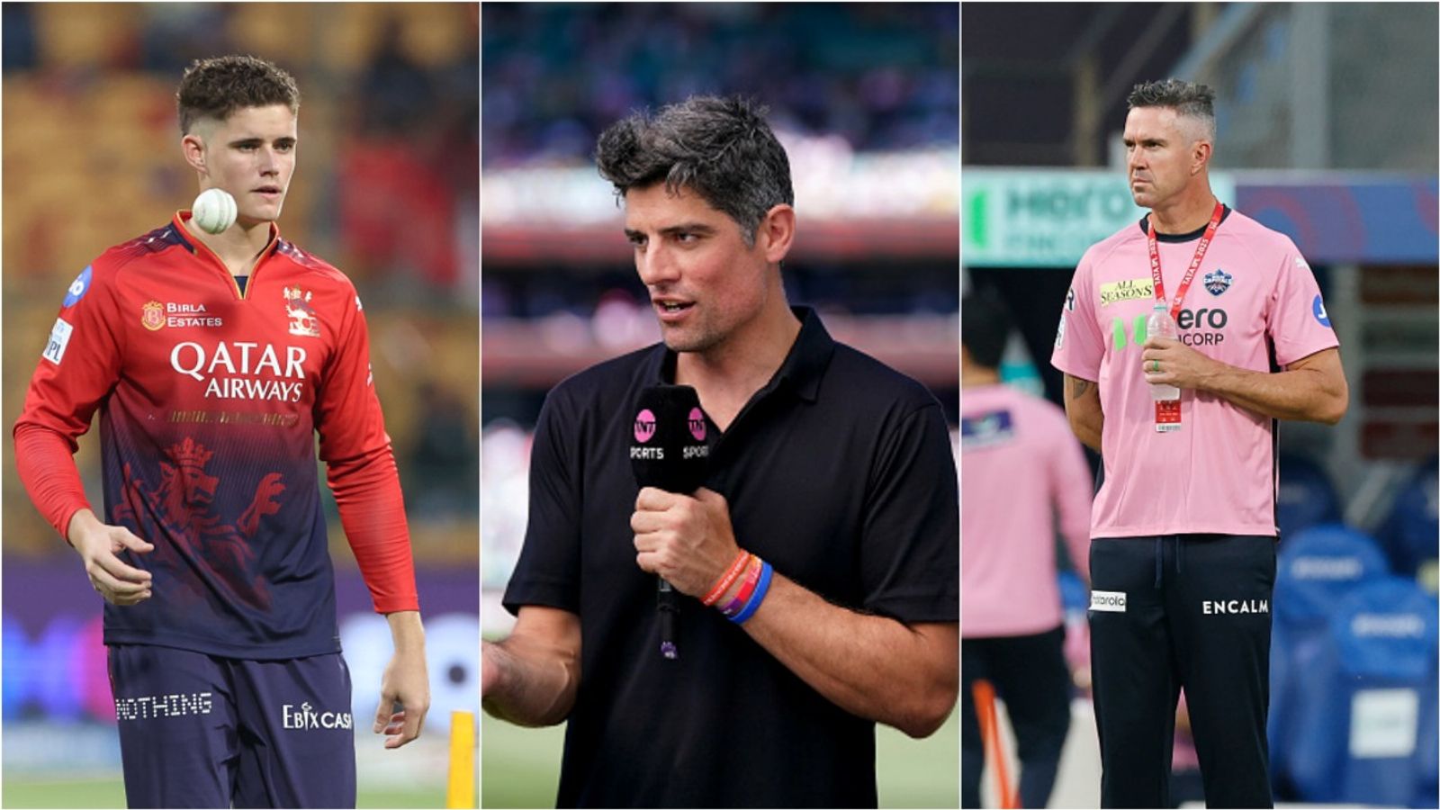 'No one is going to say IPL is terrible because they don't want to upset their bosses': Cook on criticism from Pietersen over Bethell comment Former England cricketer-turned-commentator Alastair Cook (C); RCB's Jacob Bethell during a practice session; Former Delhi Capitals mentor Kevin Pietersen.