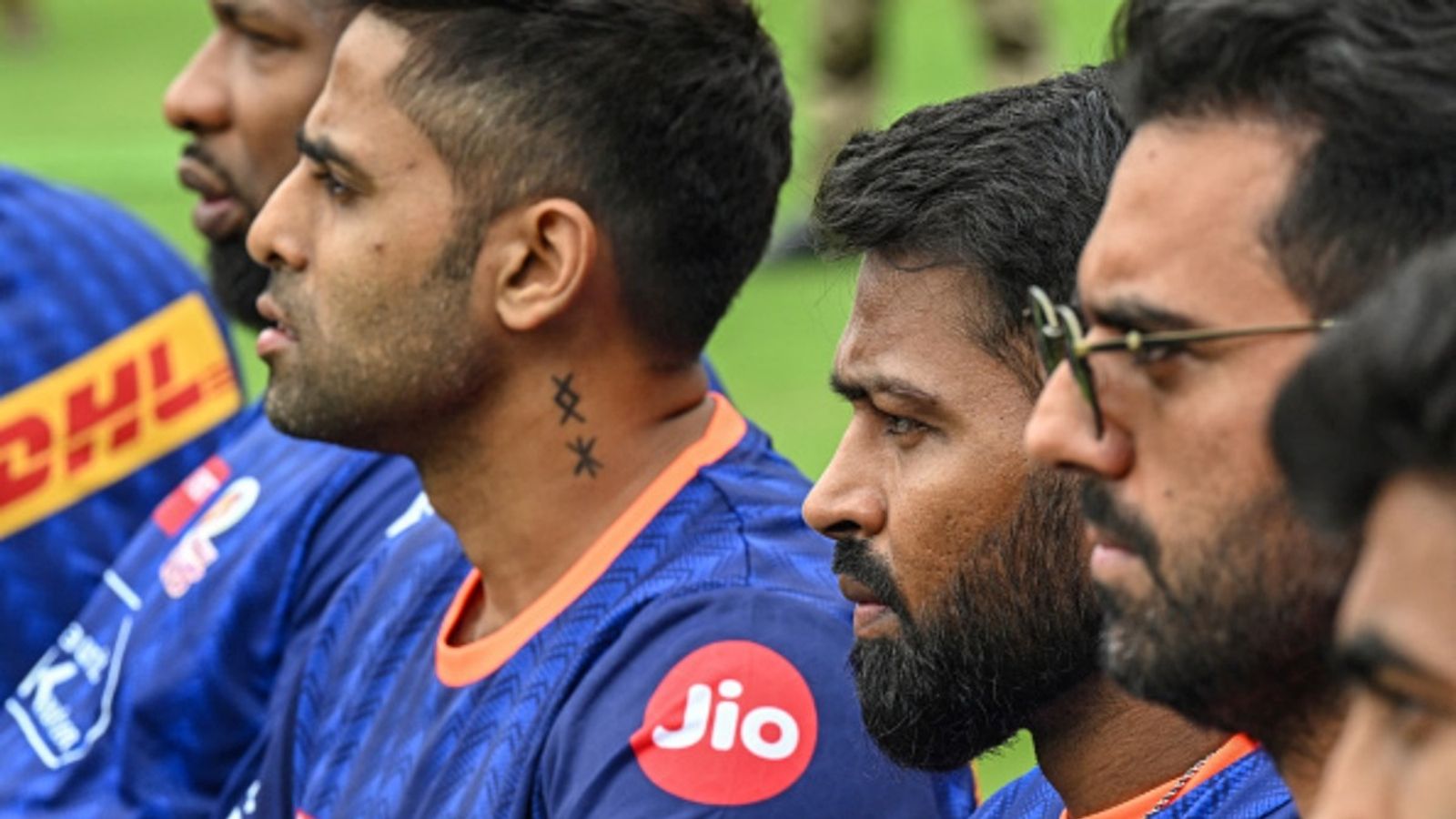 Hardik Pandya injury update: Mumbai Indians skipper advised a week's rest, Suryakumar Yadav to miss due to personal reasons, new captaincy debut on cards? (L-R) Mumbai Indians mentor Kieron Pollard, Suryakumar Yadav, captain Hardik Pandya, Deepak Chahar and Jasprit Bumrah look on during an event to unveil the cricket stand named after Rohit Sharma at the Wankhede Stadium in Mumbai on May 16, 2025.