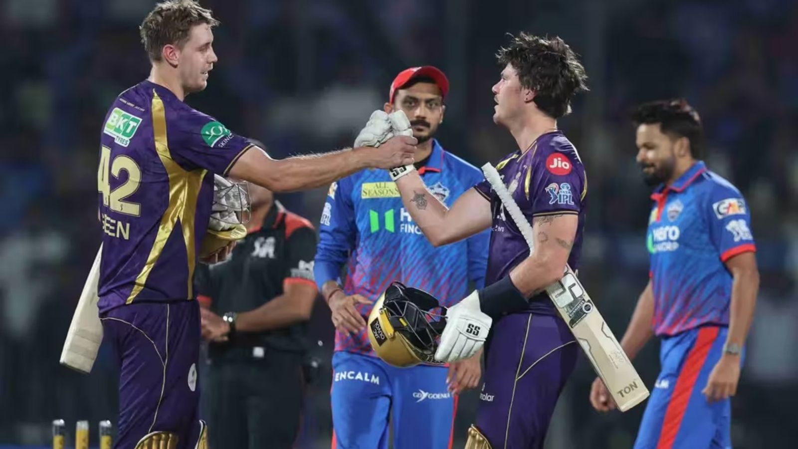 'I knew I'd be the most hated man in Kolkata if...': Green reveals he did the math for Allen's 100 when he was on 61 KKR's Cameron Green congratulates teammate Finn Allen after he hits a six to finish the match and complete his century against Axar Patel's Delhi Capitals on May 8. (Photo Credit: BCCI)