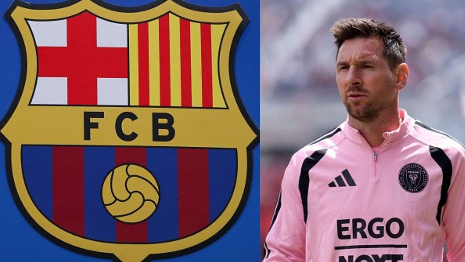 Lionel Messi’s shock claim: THIS Barcelona star is his true heir FC Barcelona logo, Lionel Messi in the frame (Images via Getty)