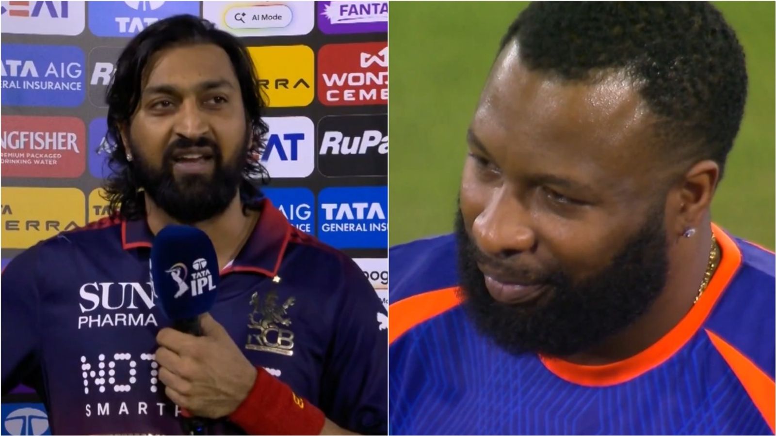 Krunal Pandya gets emotional recalling Mumbai Indians days, calls Kieron Pollard 'big brother'; watch video RCB's Krunal Pandya speaks to the broadcasters after his 73-run knock against Mumbai Indians; MI's batting coach Kieron Pollard.