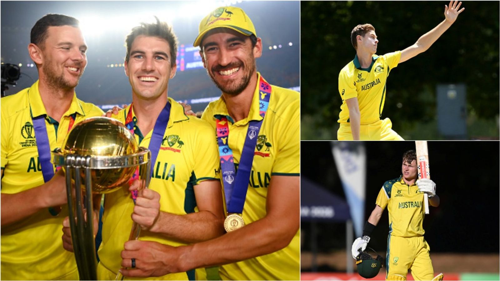 Australia announce ODI squad for Pakistan, Bangladesh, 2 players earn maiden call-ups as senior pace trio rested Australia's Josh Hazlewood, Pat Cummins, Mitchell Starc with the ODI World Cup 2023 trophy; Ollie Peake and Liam Scott in action.