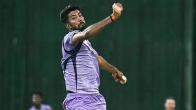 The new bolt in KKR machine, know Saurabh Dubey, who replaced Varun Chakaravarthy for key clash vs RCB Saurabh Dubey in this frame. (X)