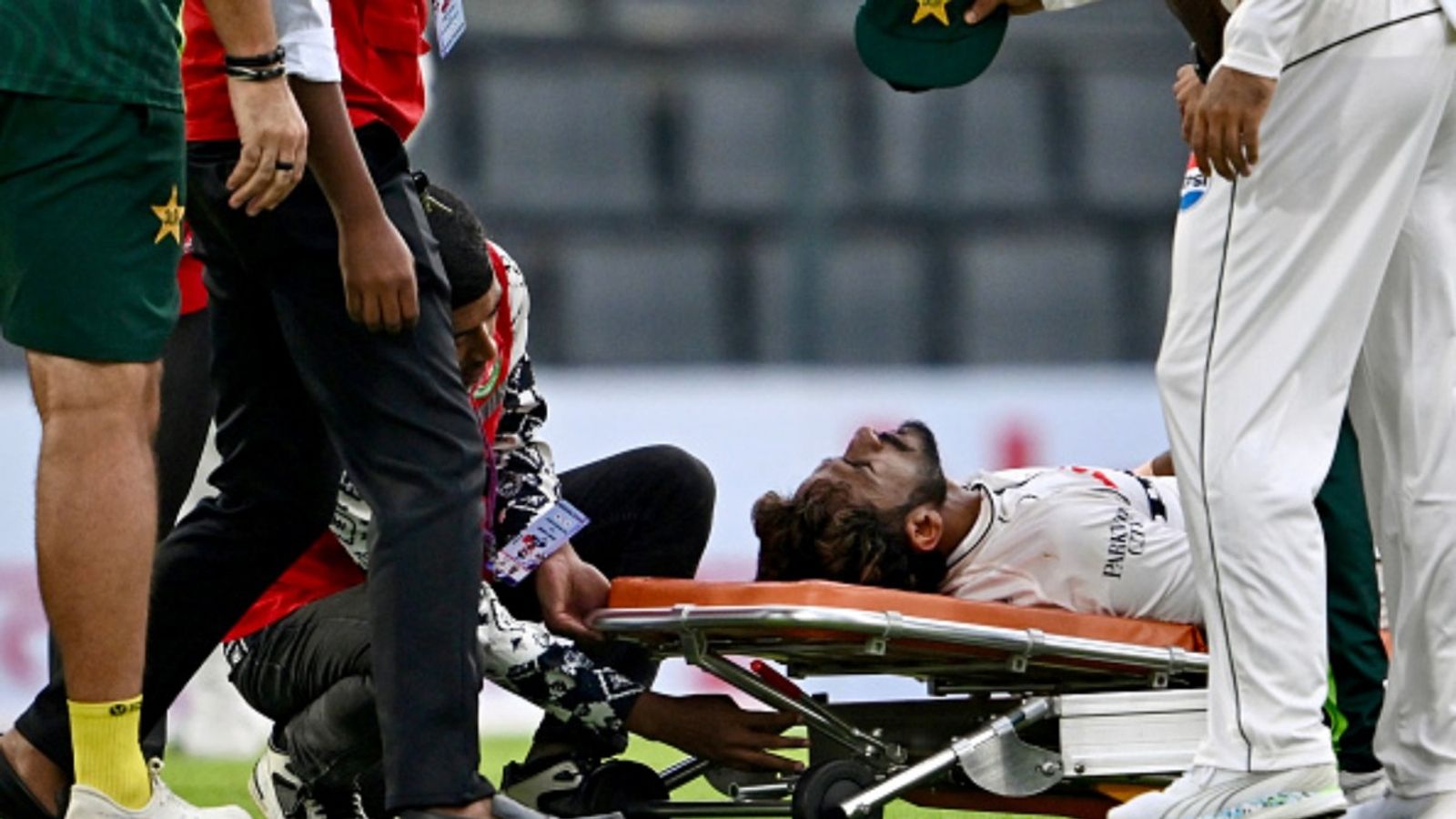 Hasan Ali stretchered off the field after awkward fall returns in 1st session itself in 2nd Test vs Bangladesh Pakistan's Hasan Ali is assisted off the field on a stretcher after suffering an injury during the first day of the second Test against Bangladesh at the Sylhet International Cricket Stadium in Sylhet on May 16, 2026.