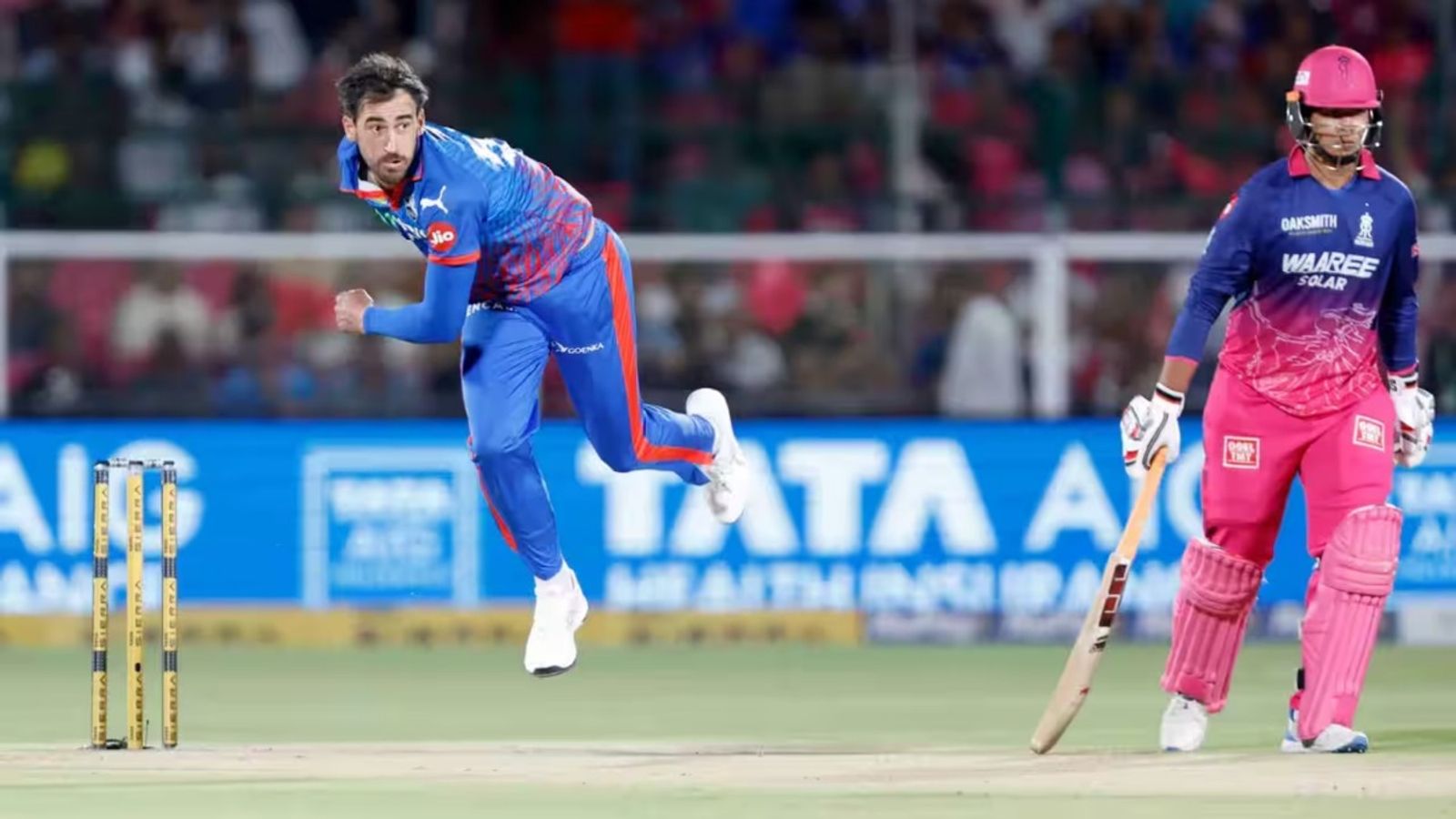 DC vs RR Head-to-Head Record, Probable XIs, Pitch Report & Weather Forecast DC's Mitchell Starc bowls against RR with Vaibhav Sooryavanshi on non-striker's end in IPL 2026 match. (Photo Credit: BCCI)
