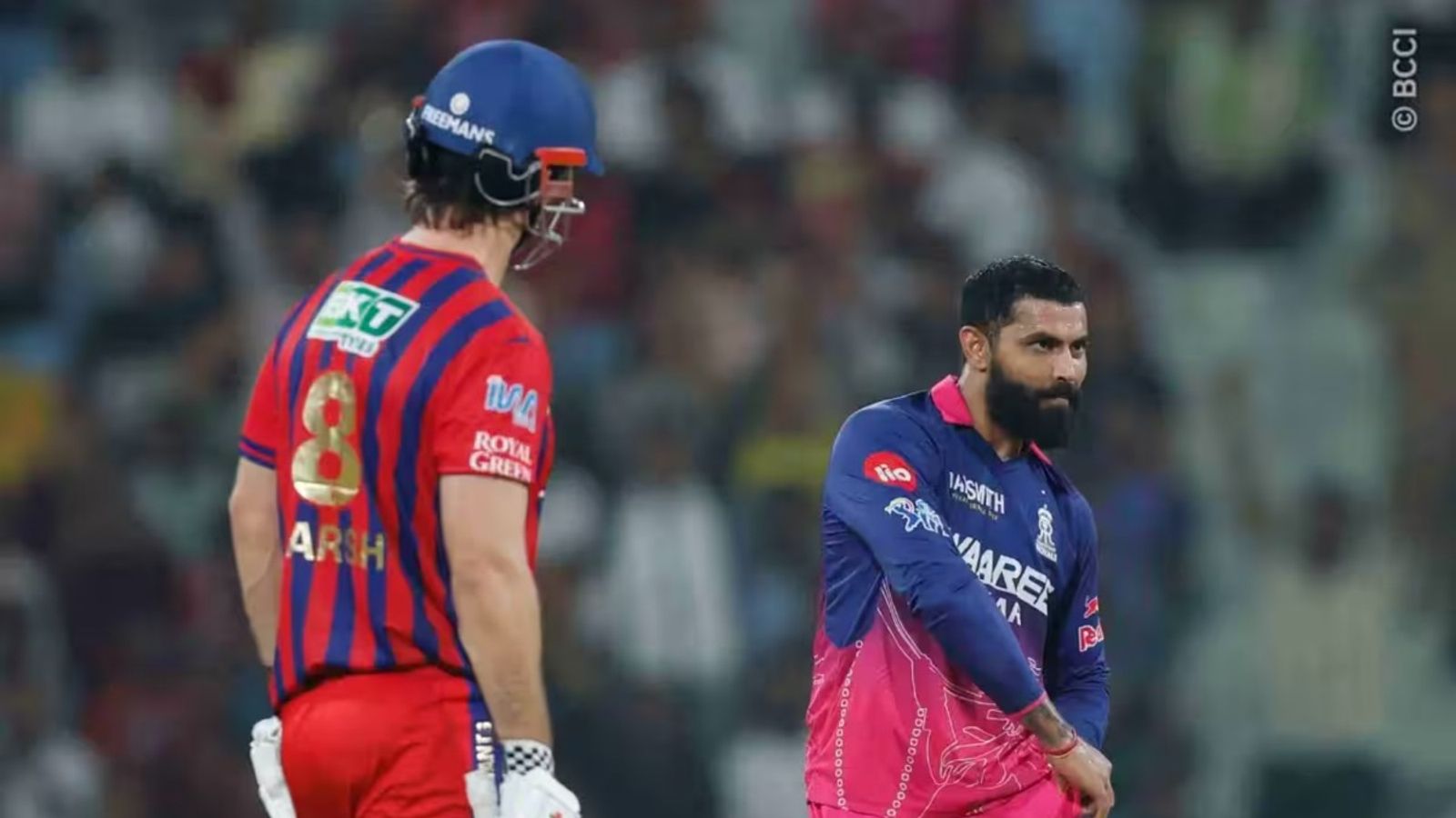RR vs LSG: Live Streaming, Match Details, Playing XI, Head-to-Head in IPL & Weather Report Rajasthan Royals' Ravindra Jadeja celebrates a wicket against Lucknow Super Giants while Mitchell Marsh watches on during IPL 2026 clash. (Photo Credit: BCCI)