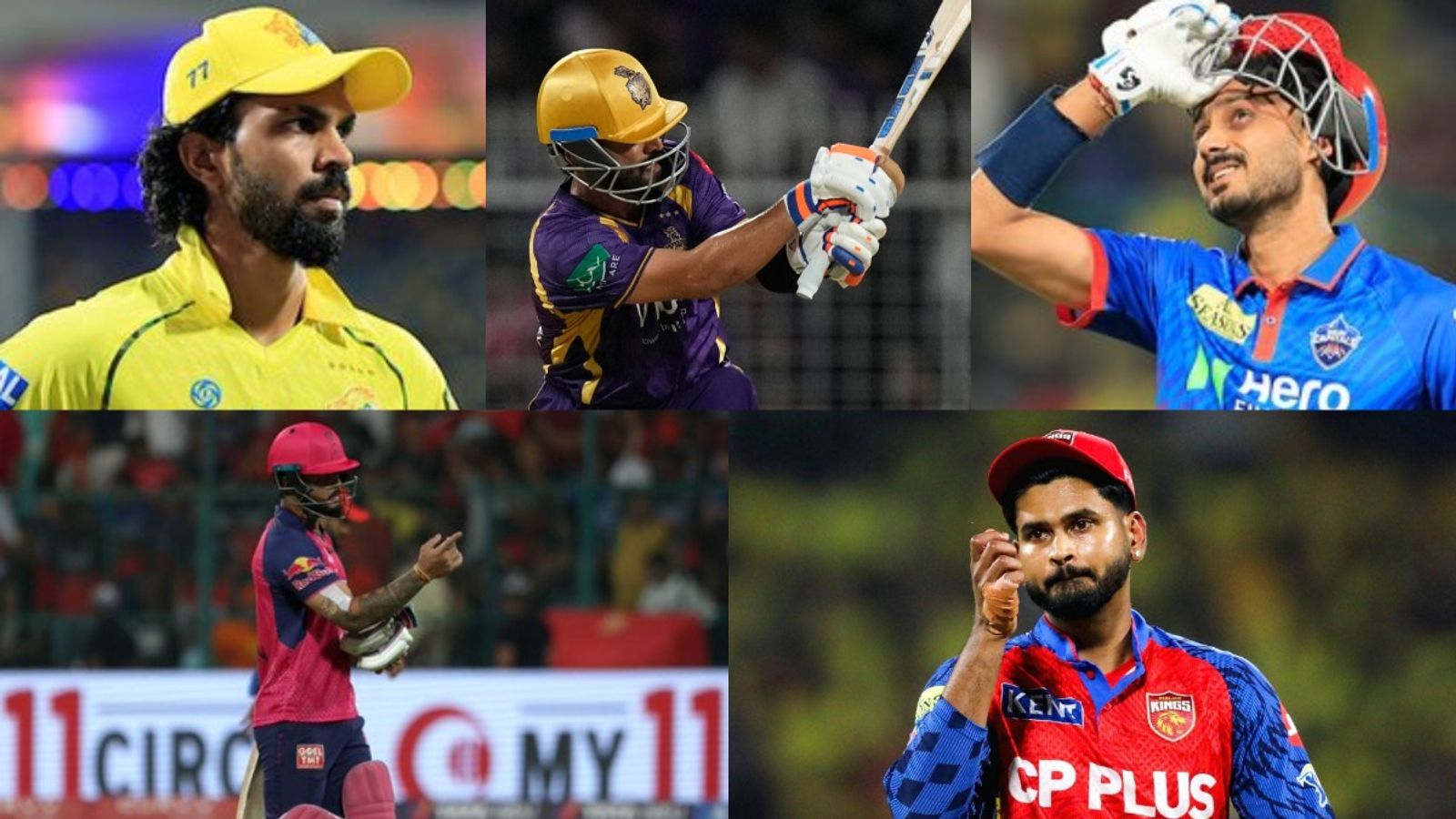 5 teams, 1 spot: What CSK, PBKS, RR, KKR and DC need to grab IPL 2026 playoff berth, know it all here Clockwise: CSK's Ruturaj Gaikwad, KKR's Ajinkya Rahane, DC's Axar Patel, PBKS' Shreyas Iyer and RR's Riyan Parag in this frame. (X)